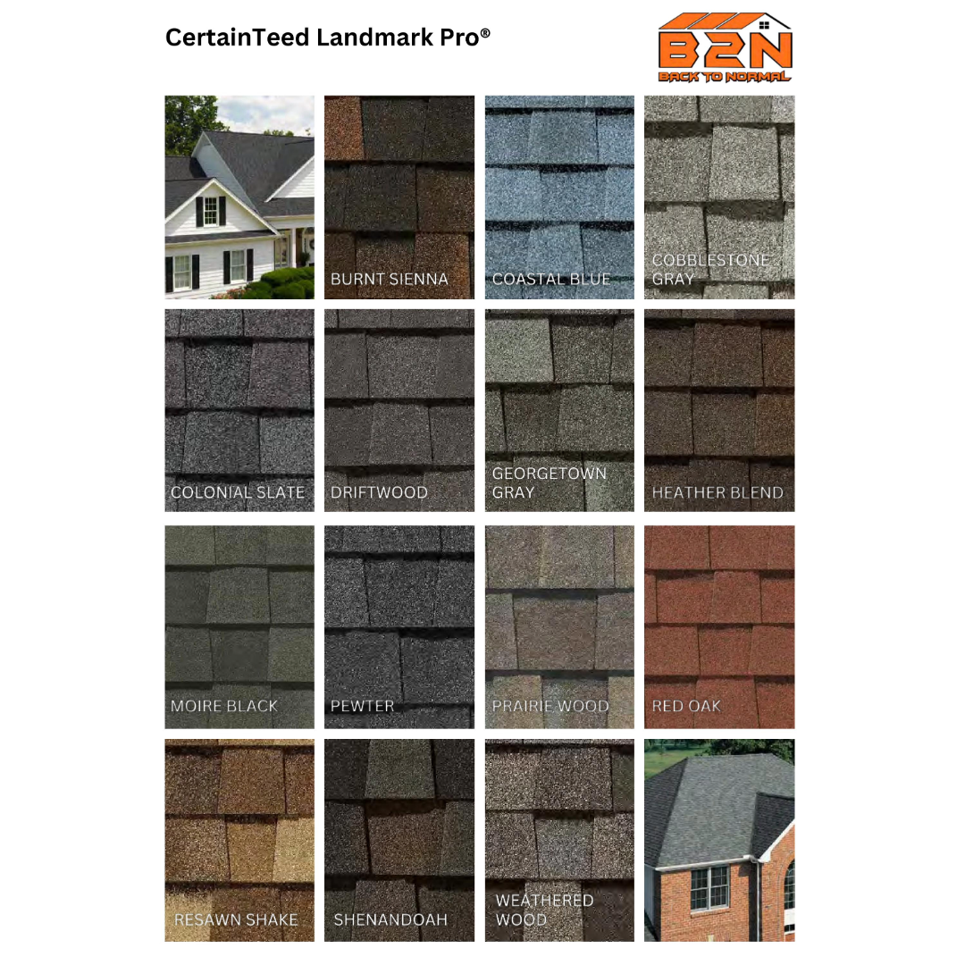 A selection of Certainteed Landmark Pro shingle color options, with more available upon request