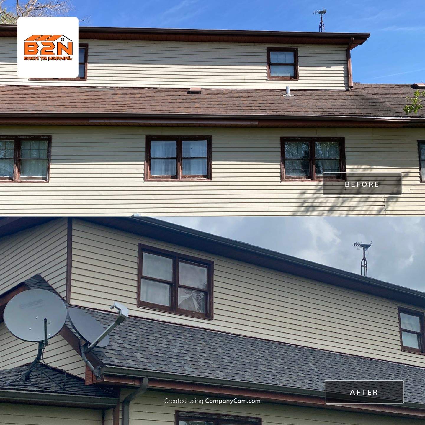 A before-and-after comparison from a recent Back to Normal project using Certainteed Landmark shingles.